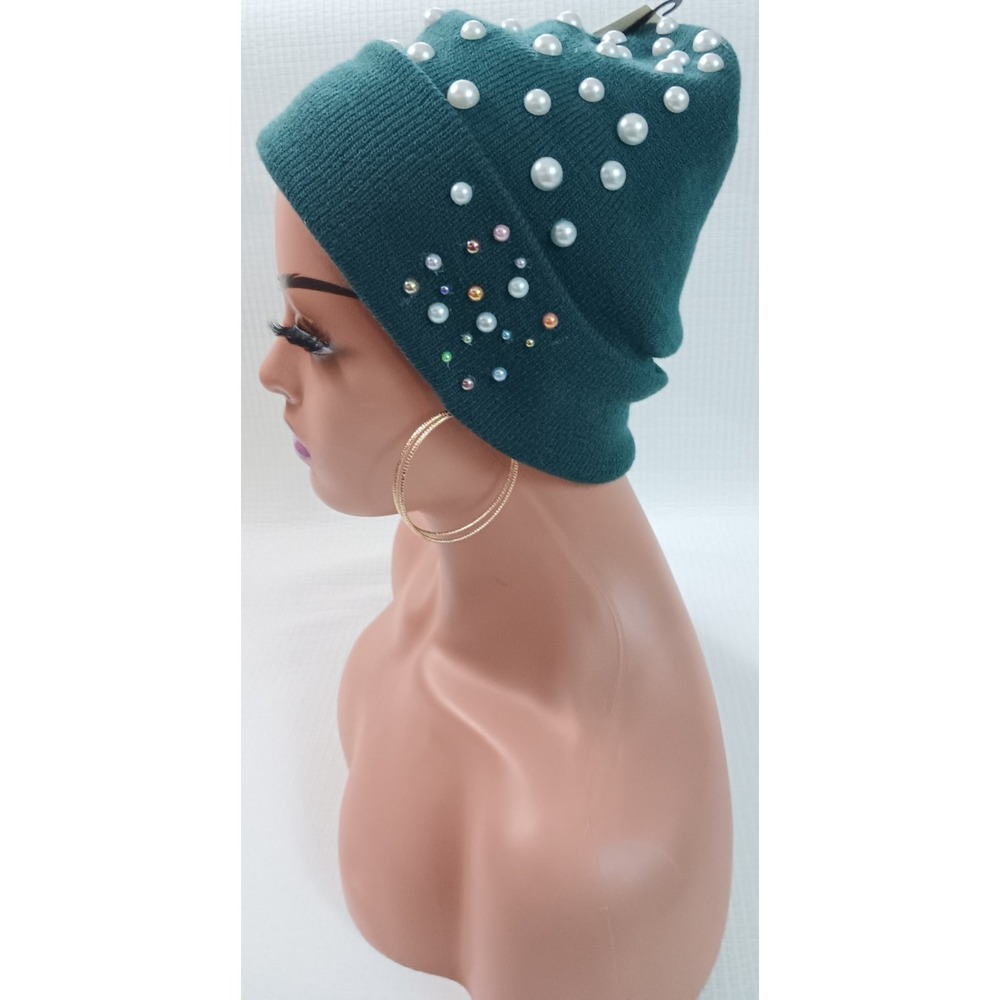 Dark Green Stretch Knit Flat Faux Beads Cuffed Beanie Head Hair Covering